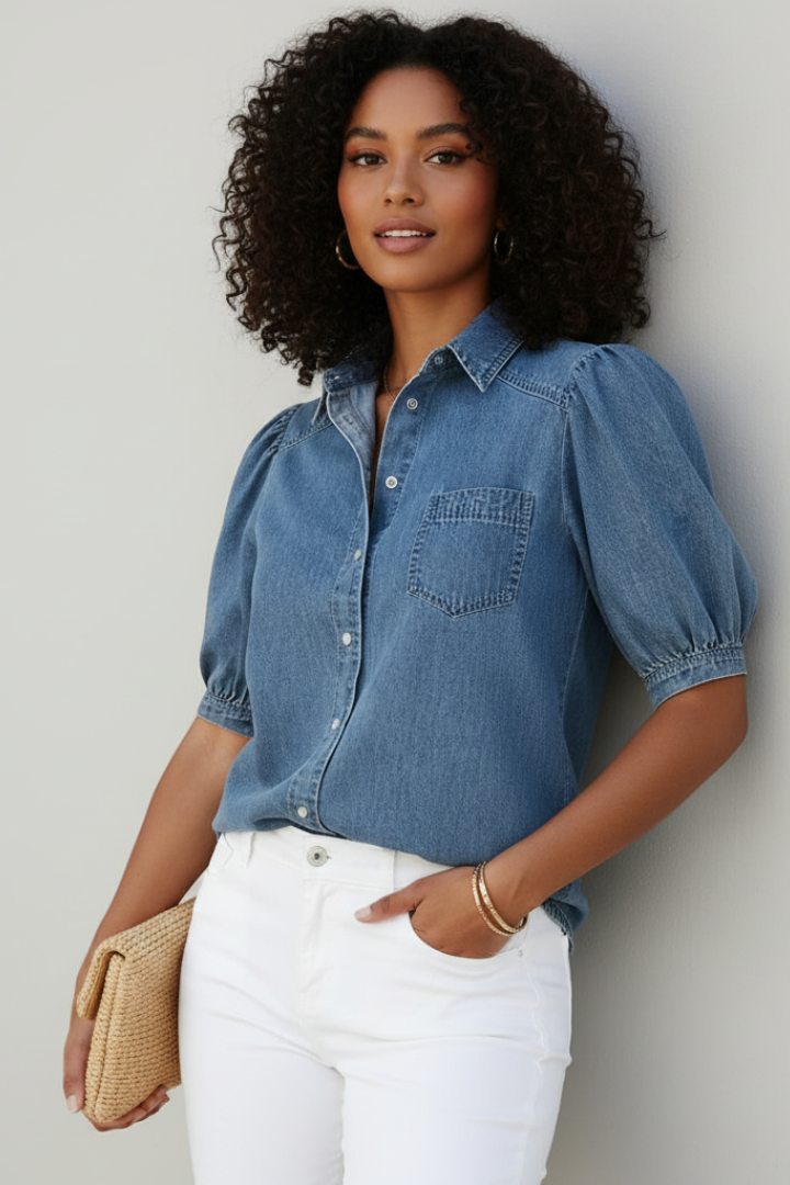 Lyra | Chemise en jean pour femme – Chemisier à col et manches bouffantes