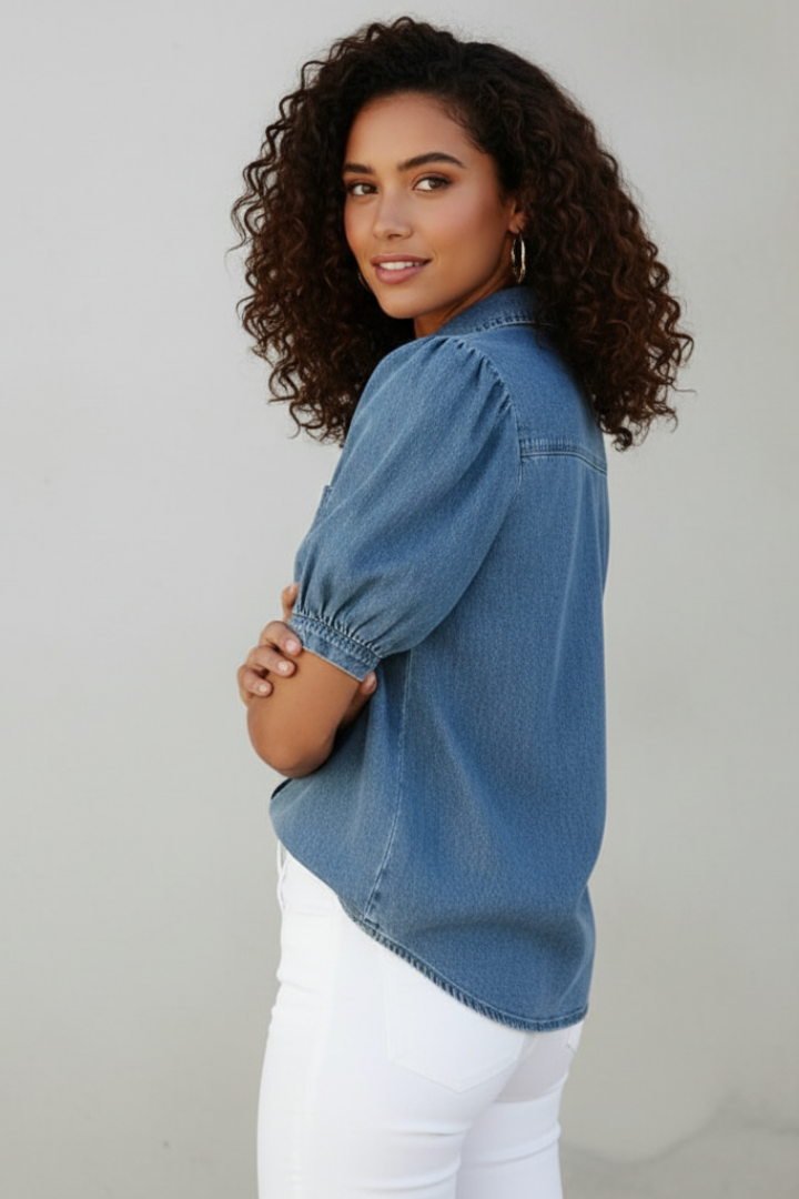 Lyra | Chemise en jean pour femme – Chemisier à col et manches bouffantes