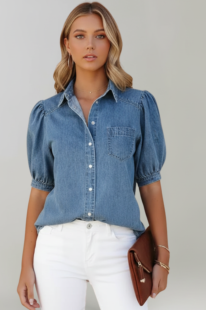 Lyra | Chemise en jean pour femme – Chemisier à col et manches bouffantes