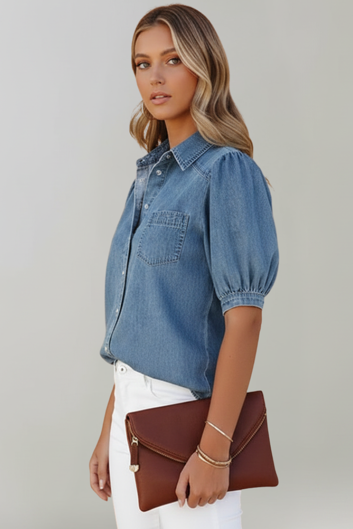 Lyra | Chemise en jean pour femme – Chemisier à col et manches bouffantes
