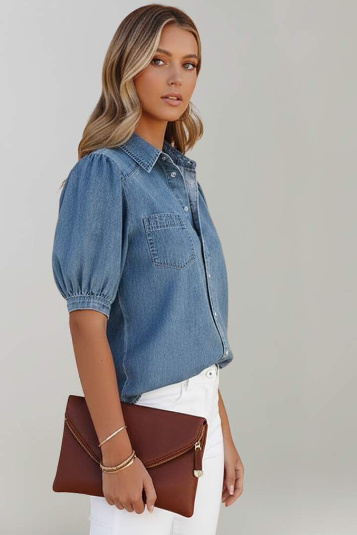 Lyra | Chemise en jean pour femme – Chemisier à col et manches bouffantes