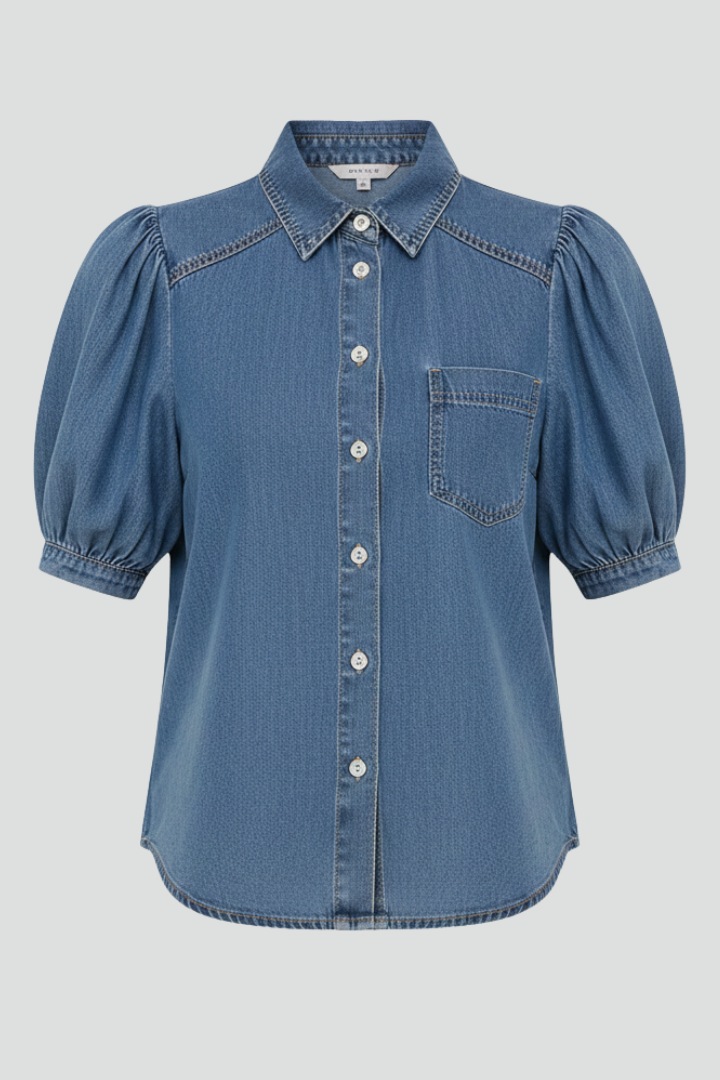 Lyra | Chemise en jean pour femme – Chemisier à col et manches bouffantes