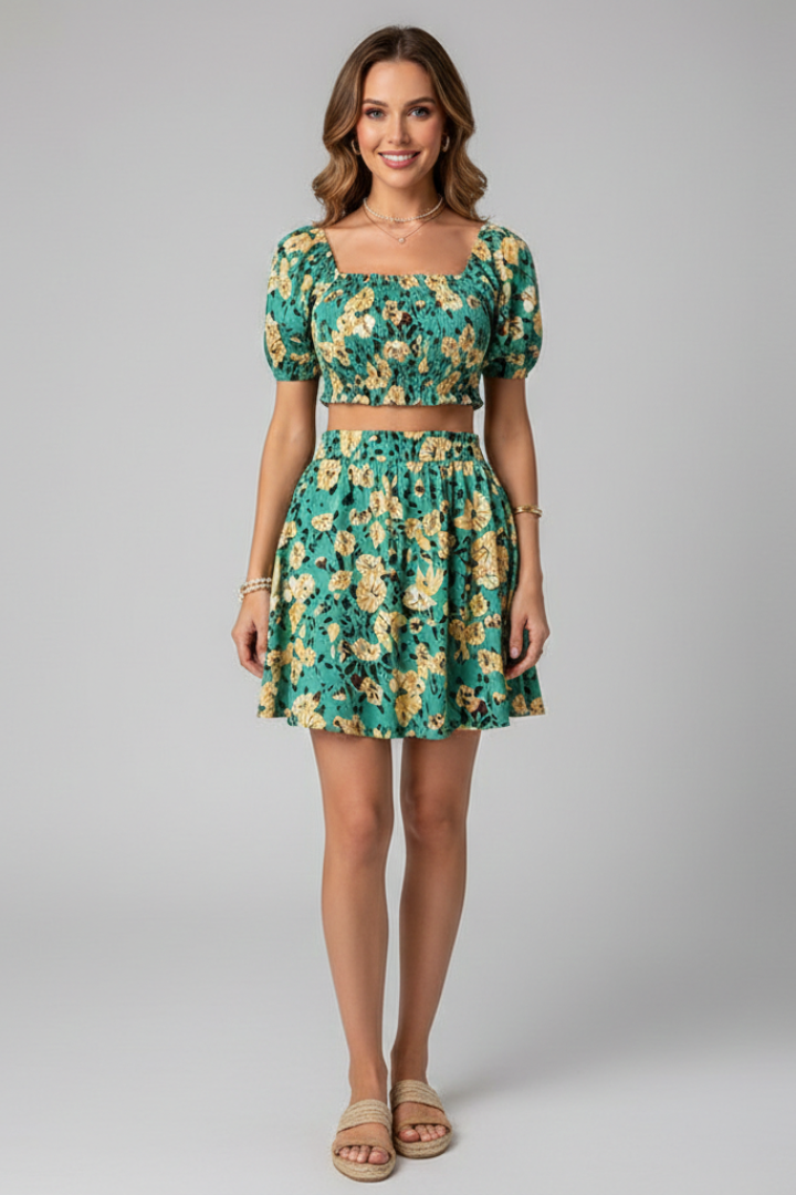 Veda | Ensemble floral assorti pour femme – Top court à encolure carrée et mini-jupe évasée