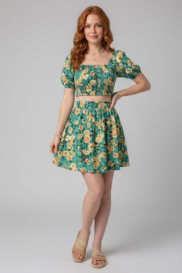 Veda | Ensemble floral assorti pour femme – Top court à encolure carrée et mini-jupe évasée