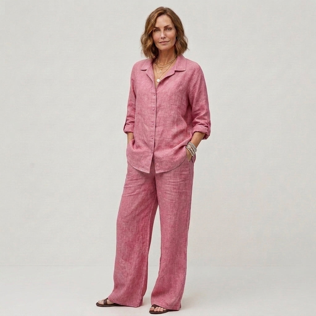 Béatrice | Ensemble deux pièces en lin pour femme – Chemisier respirant et pantalon à jambes larges