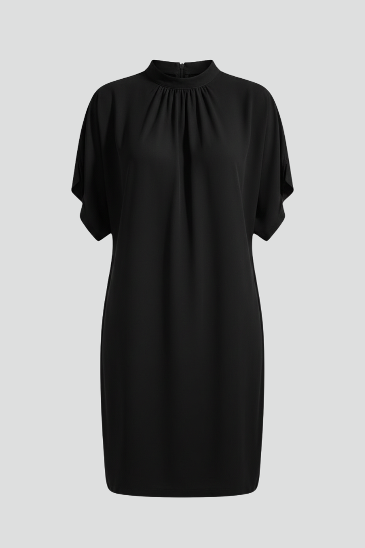 Fiora | Mini-robe droite pour femme – Col montant, manches courtes fendues