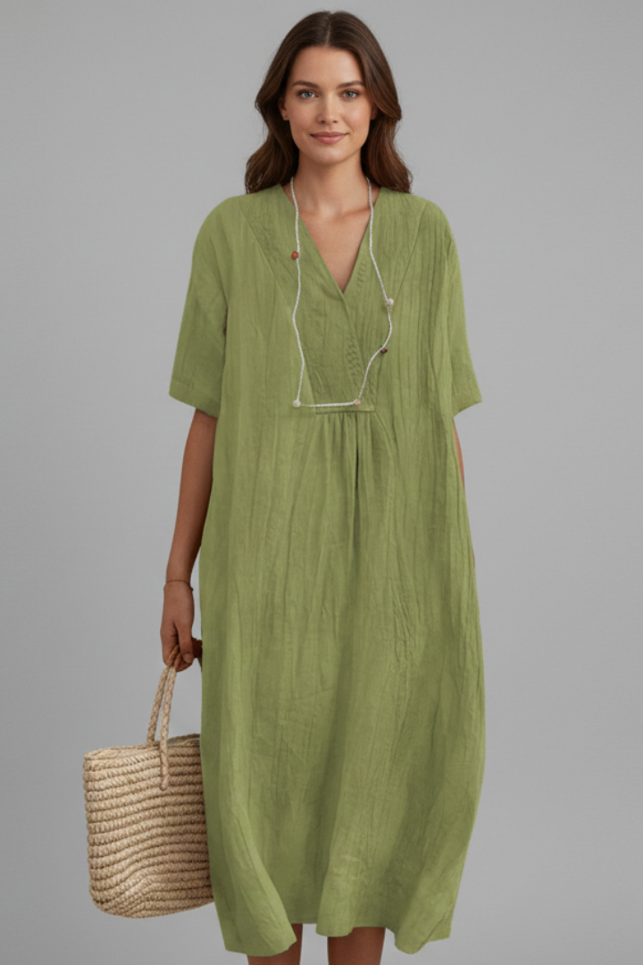 Amaris | Robe midi à col en V pour femme – Robe ample à manches courtes