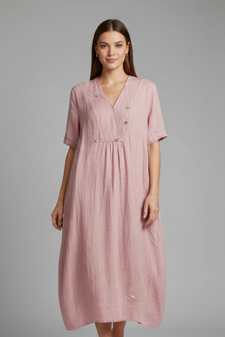 Amaris | Robe midi à col en V pour femme – Robe ample à manches courtes