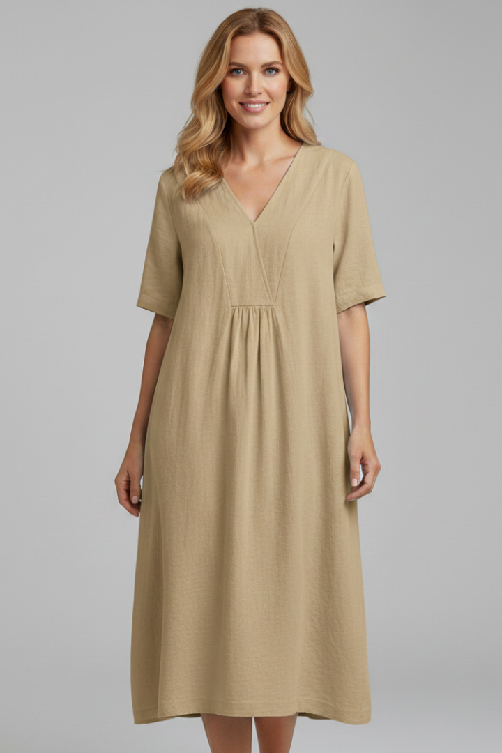 Amaris | Robe midi à col en V pour femme – Robe ample à manches courtes