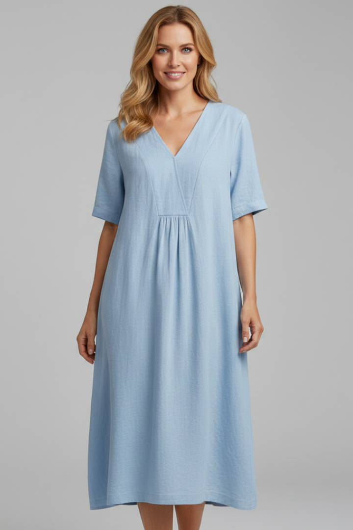 Amaris | Robe midi à col en V pour femme – Robe ample à manches courtes