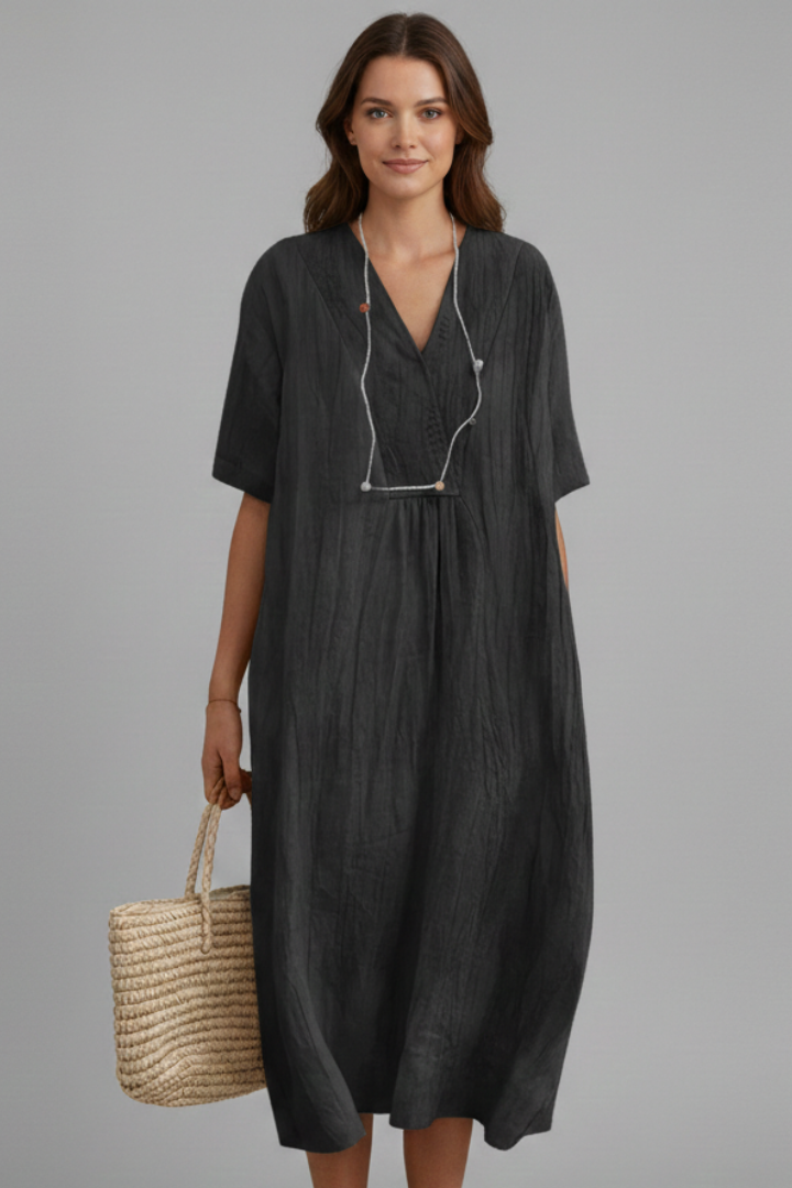 Amaris | Robe midi à col en V pour femme – Robe ample à manches courtes