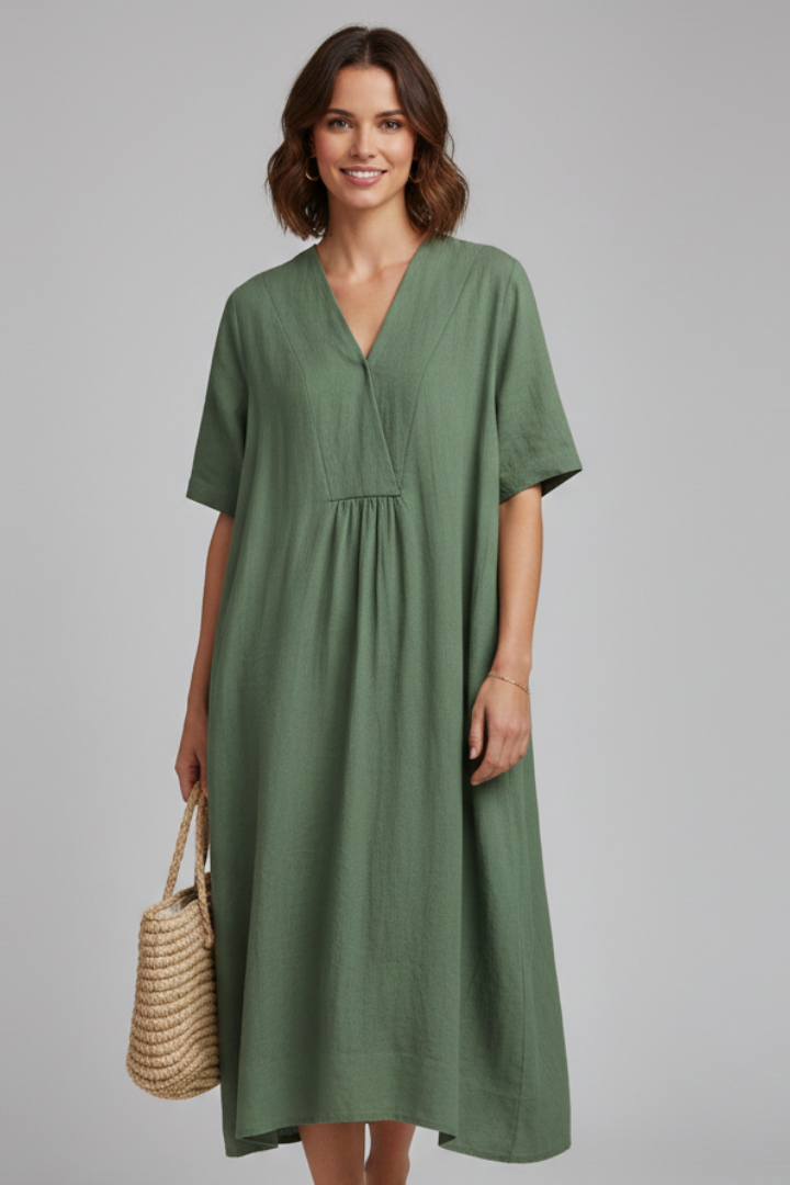 Amaris | Robe midi à col en V pour femme – Robe ample à manches courtes