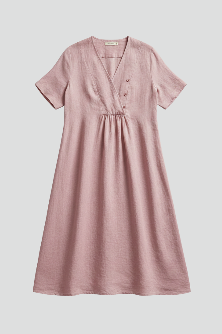 Amaris | Robe midi à col en V pour femme – Robe ample à manches courtes