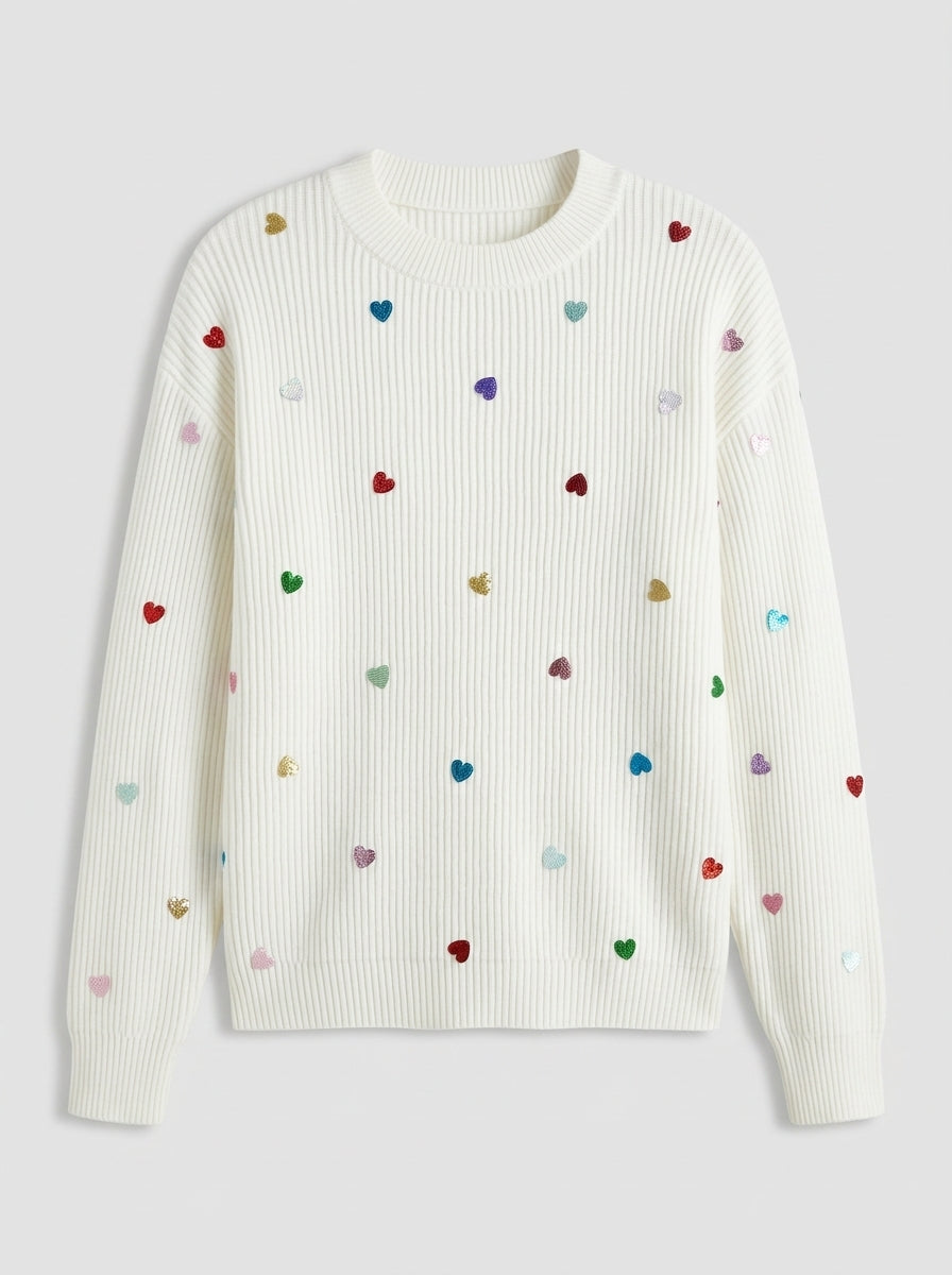 Tahlia | Pull à paillettes en forme de cœur pour femme – col rond, manches longues