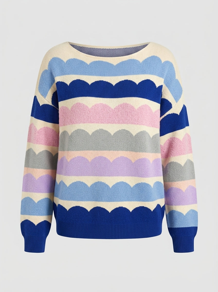Zarela | Pull à rayures « Wave » pour femme – Manches ballon, col rond, épaules tombantes