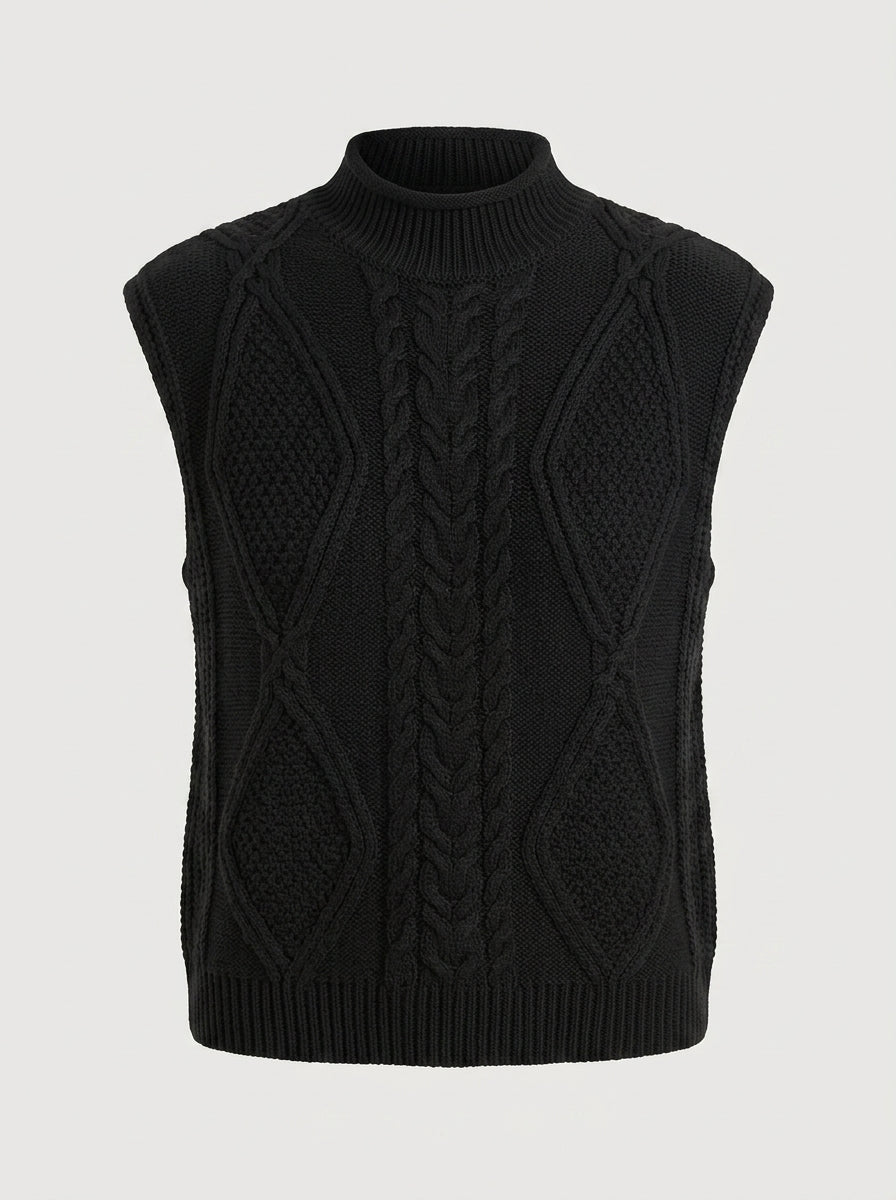 Jessalyn | Gilet en maille torsadée pour femme – Col montant, sans manches, coupe ample