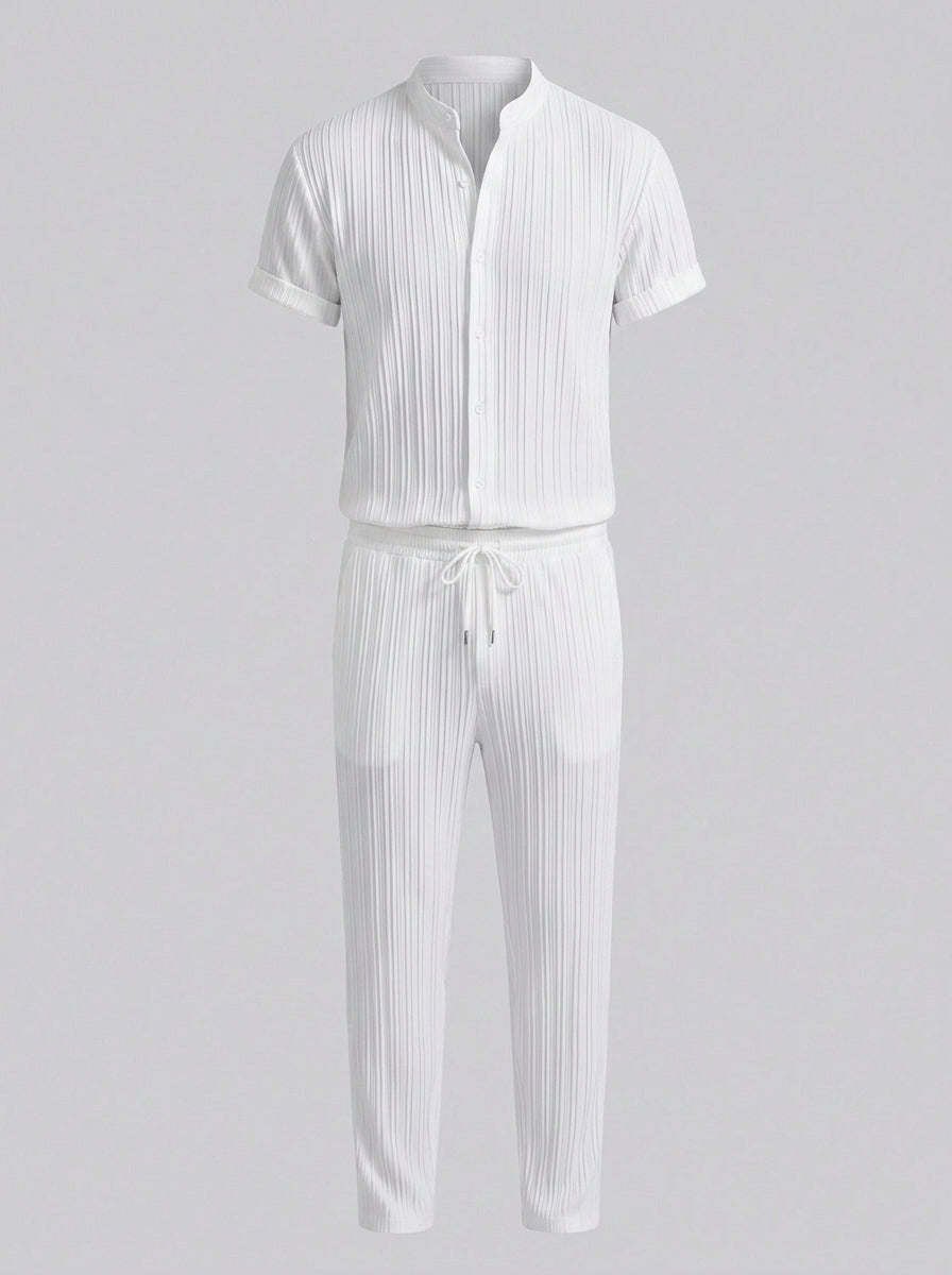 Esteban | Ensemble costume décontracté homme 2 pièces – Chemise à manches courtes avec col montant et pantalon à cordon de serrage