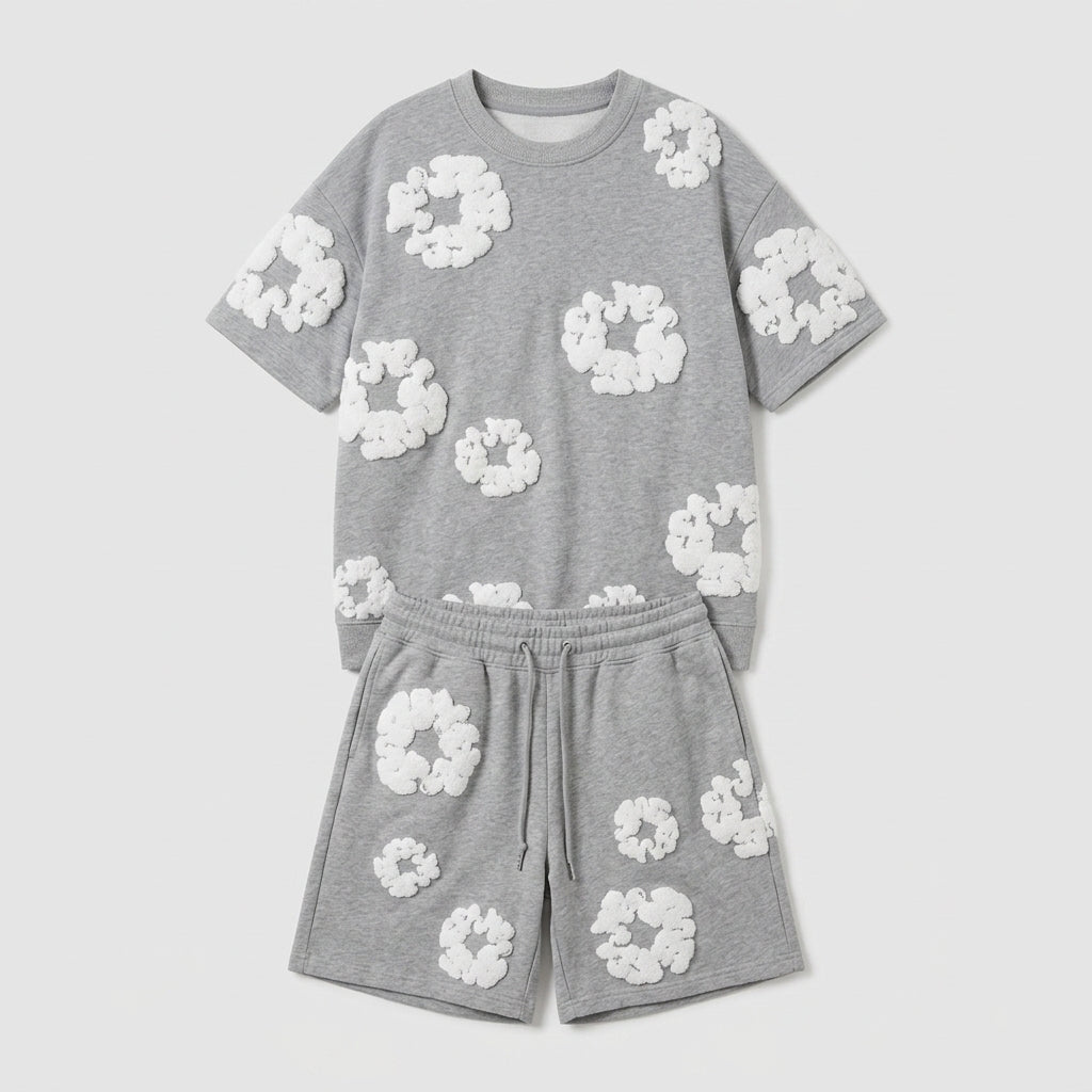 Émeline | Ensemble 2 pièces pour femme avec short en coton – Imprimé floral en 3D, tenue estivale décontractée