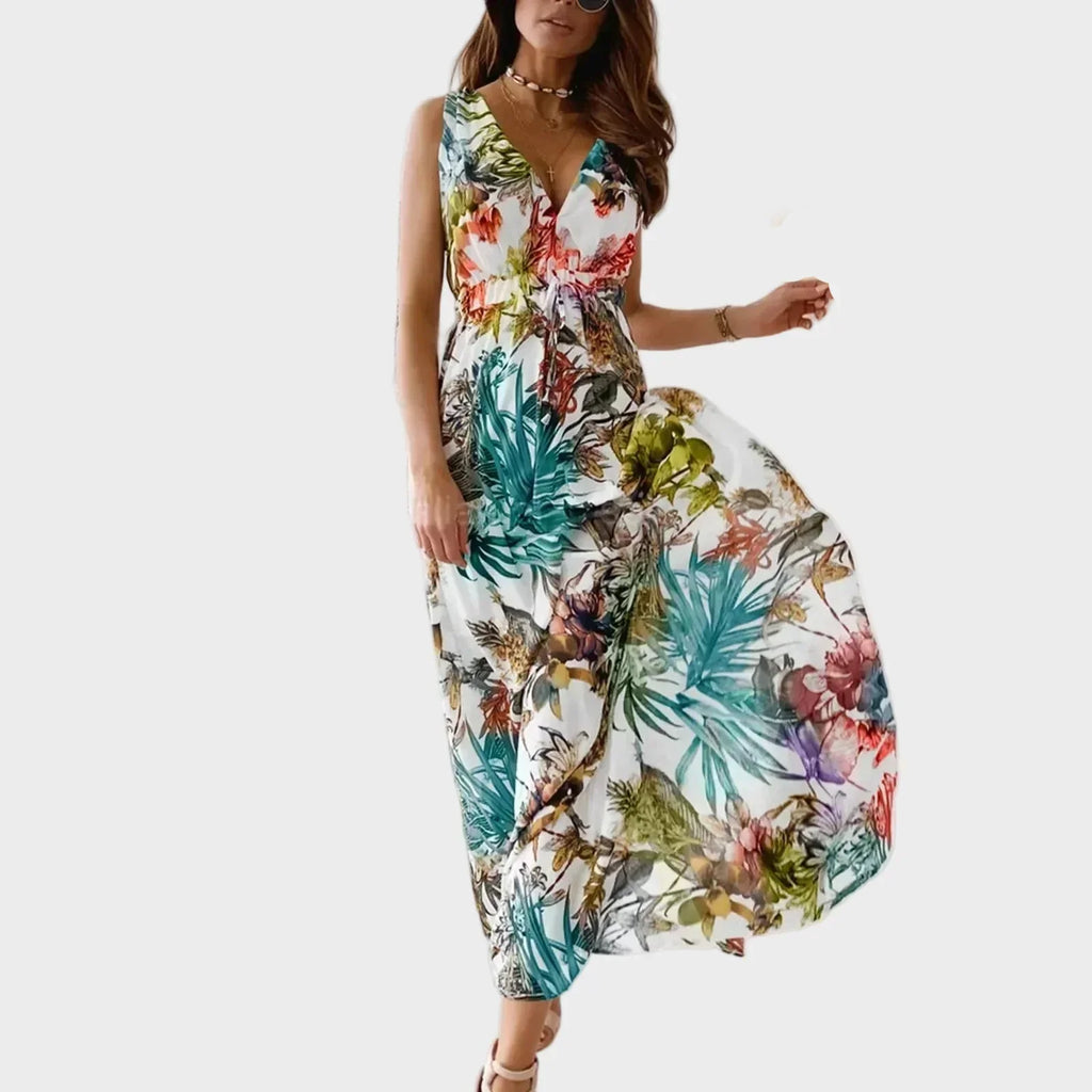 Jaelyn | Robe longue tropicale pour femme avec col en V, coupe maxi fluide et sans manches