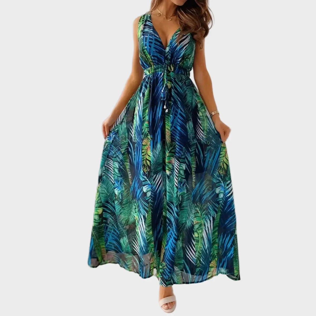 Jaelyn | Robe longue tropicale pour femme avec col en V, coupe maxi fluide et sans manches