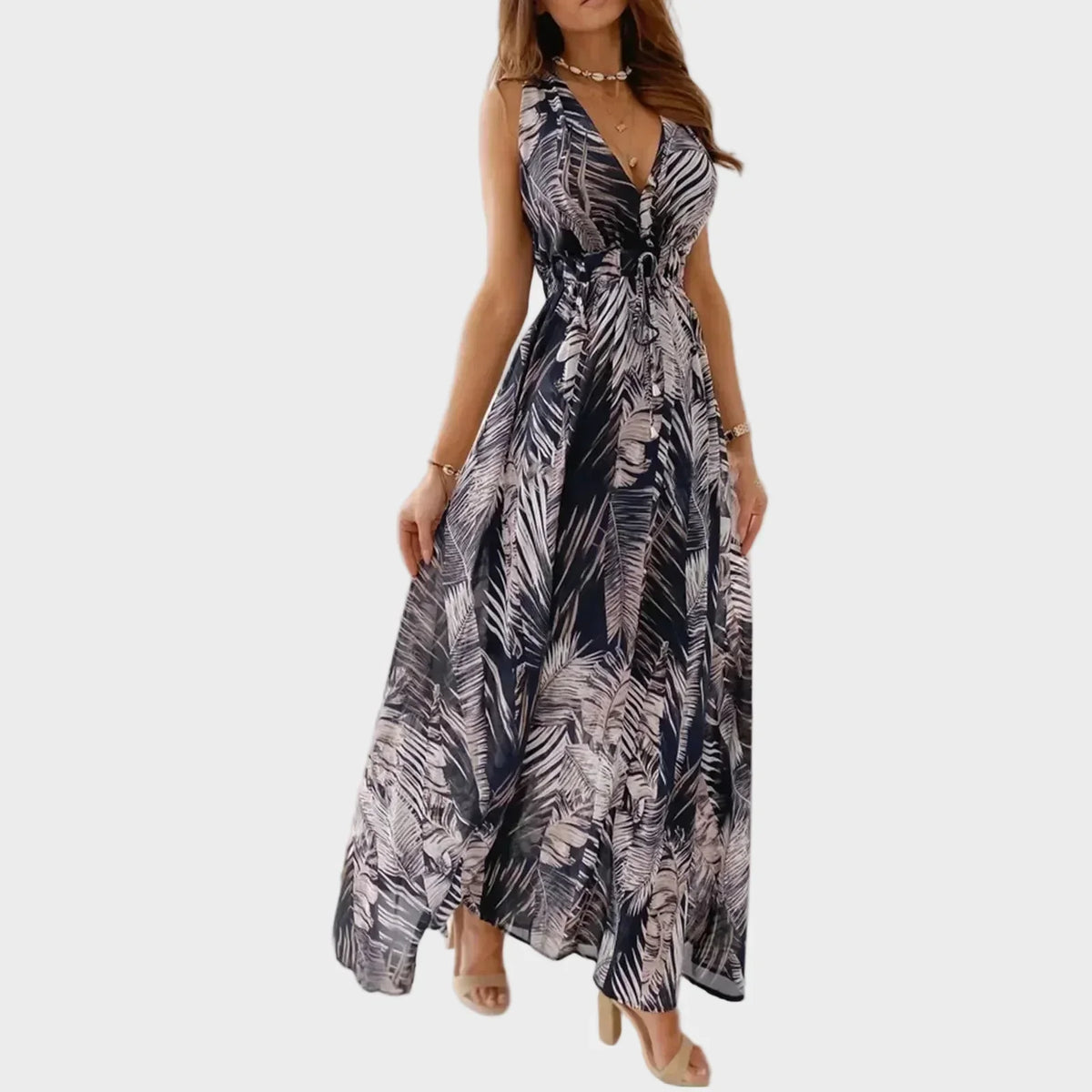 Jaelyn | Robe longue tropicale pour femme avec col en V, coupe maxi fluide et sans manches