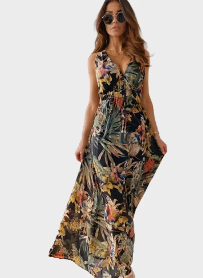 Jaelyn | Robe longue tropicale pour femme avec col en V, coupe maxi fluide et sans manches