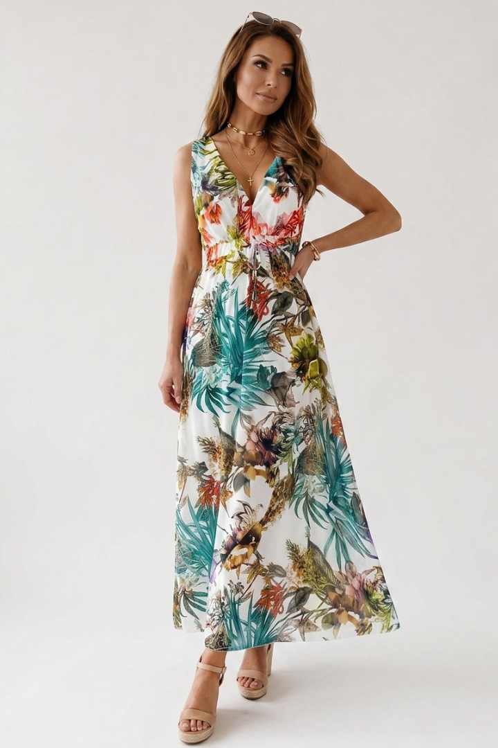 Jaelyn | Robe longue tropicale pour femme avec col en V, coupe maxi fluide et sans manches