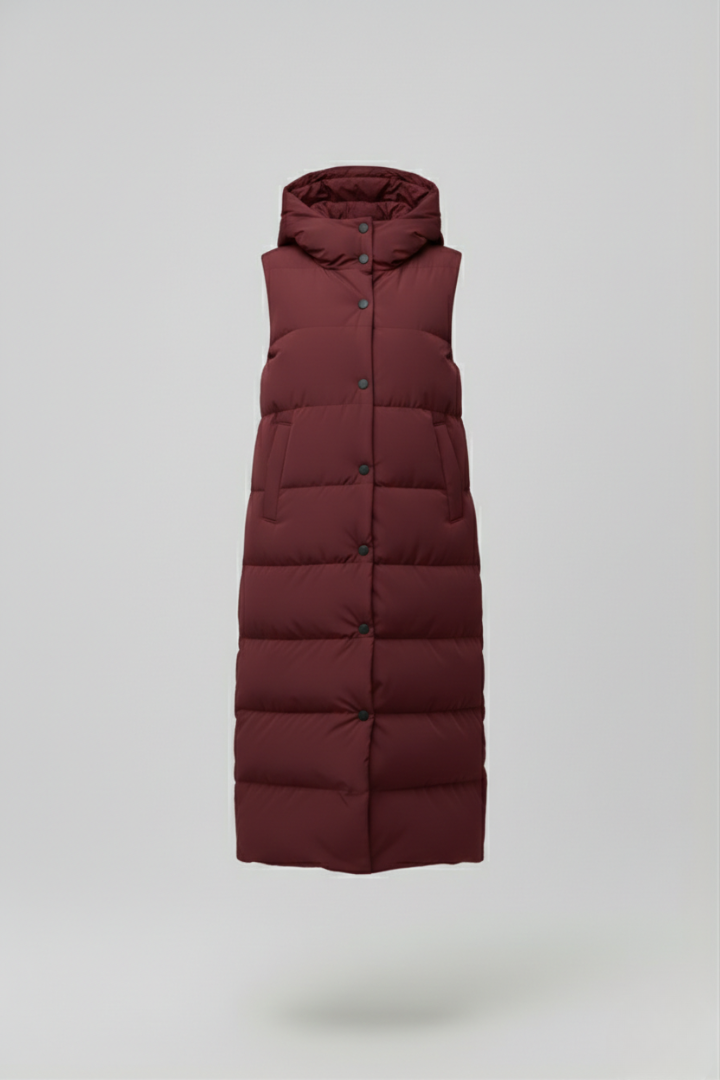 Juno | Gilet long à capuche pour femme – Longueur mi-longue et poches latérales
