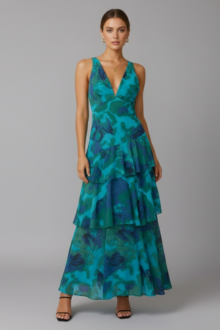 Alorah | Robe longue à col en V pour femme - Robe imprimée sans manches à volants