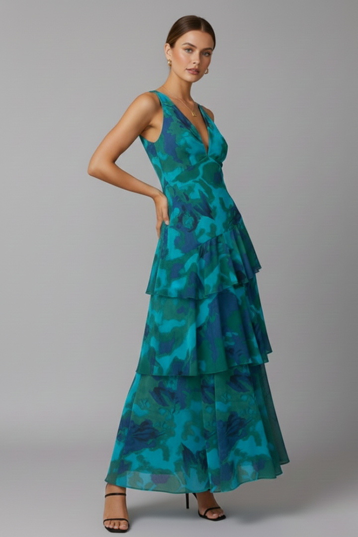 Alorah | Robe longue à col en V pour femme - Robe imprimée sans manches à volants