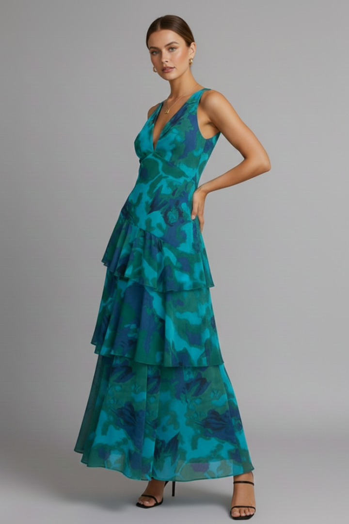 Alorah | Robe longue à col en V pour femme - Robe imprimée sans manches à volants