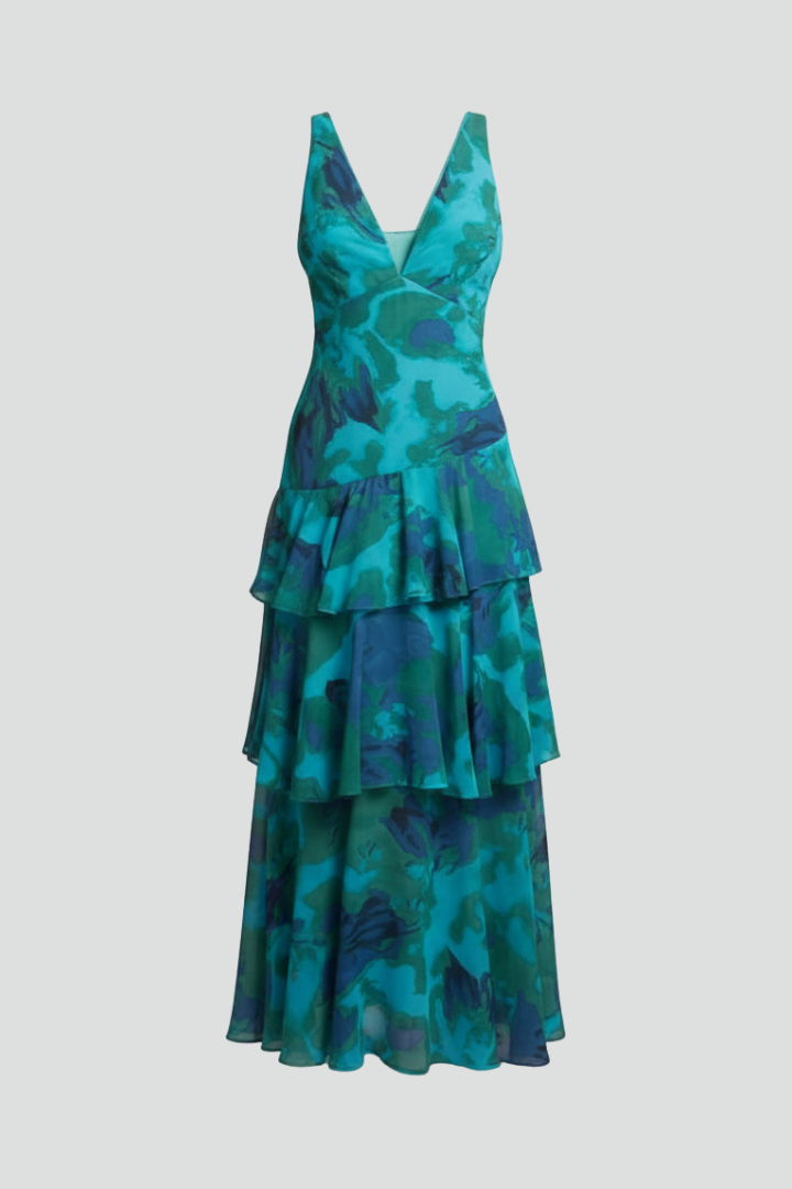 Alorah | Robe longue à col en V pour femme - Robe imprimée sans manches à volants