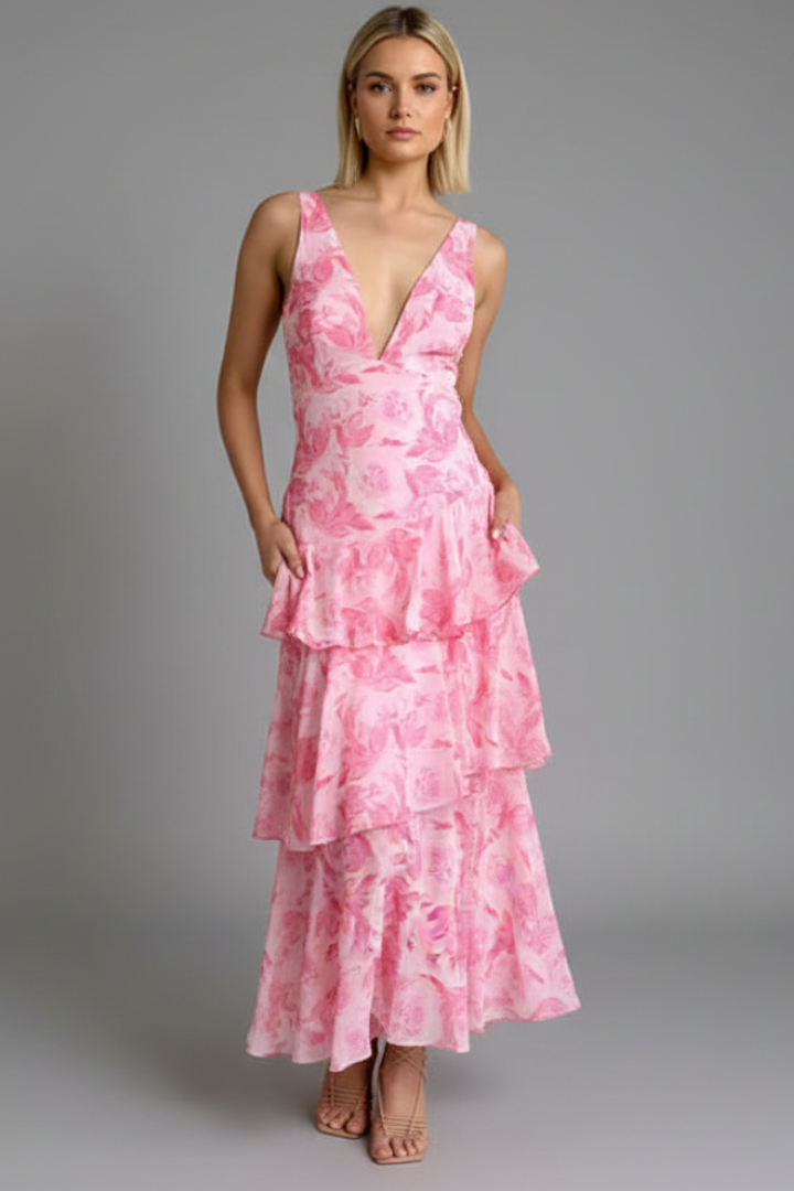 Alorah | Robe longue à col en V pour femme - Robe imprimée sans manches à volants