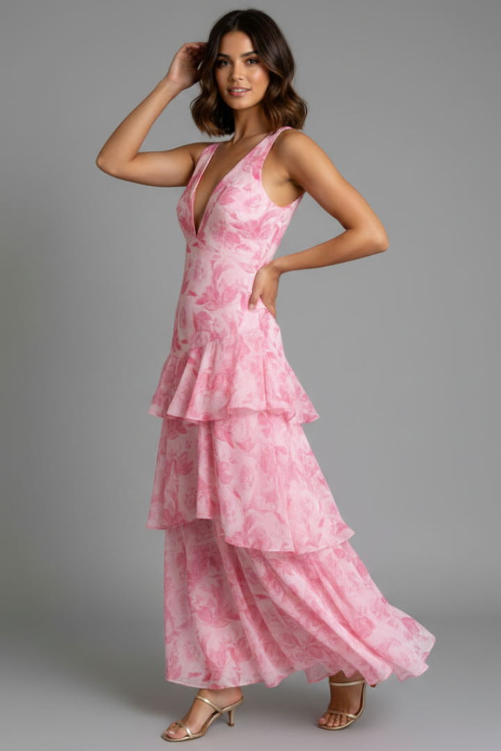 Alorah | Robe longue à col en V pour femme - Robe imprimée sans manches à volants