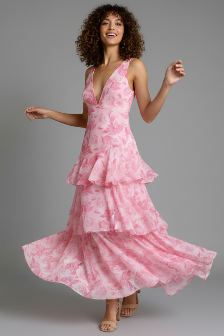 Alorah | Robe longue à col en V pour femme - Robe imprimée sans manches à volants