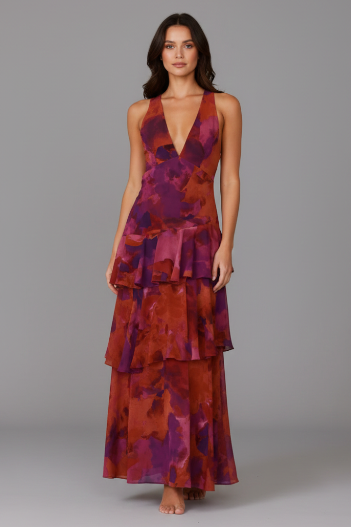 Alorah | Robe longue à col en V pour femme - Robe imprimée sans manches à volants