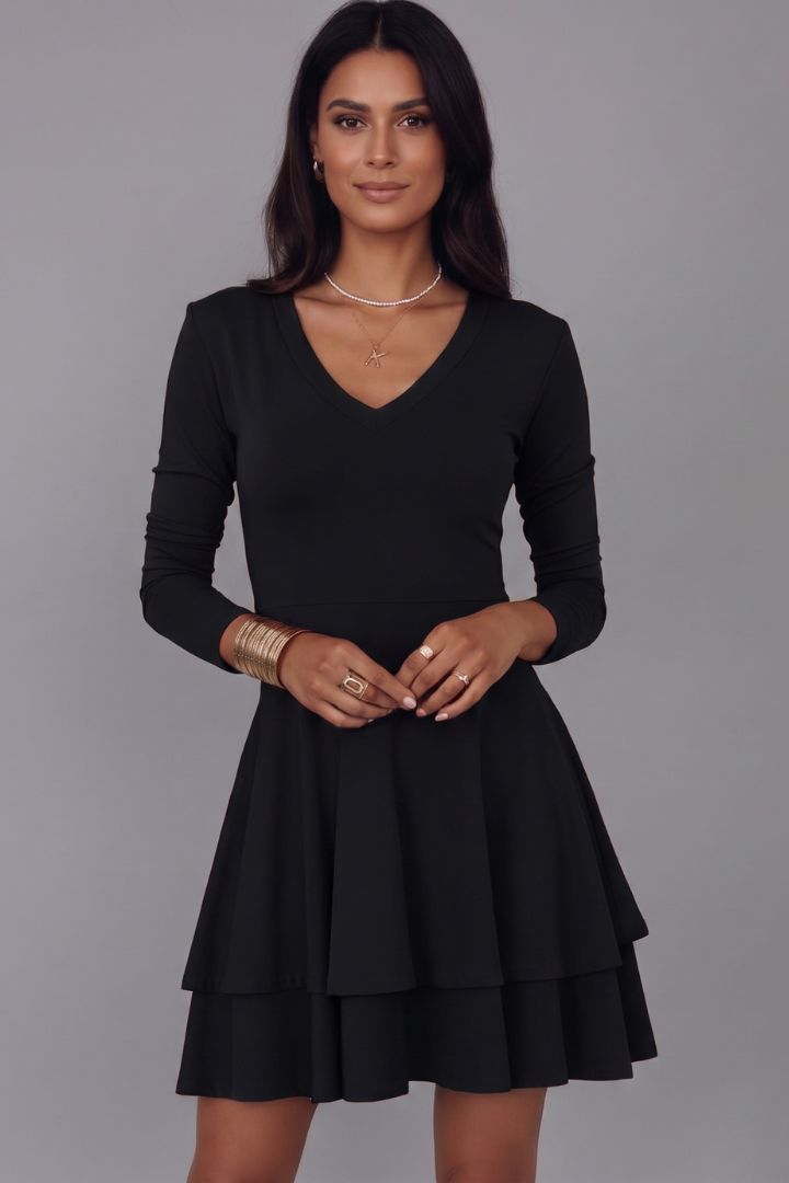 Ailey | Mini-robe à col en V pour femme – Manches longues, jupe évasée à volants