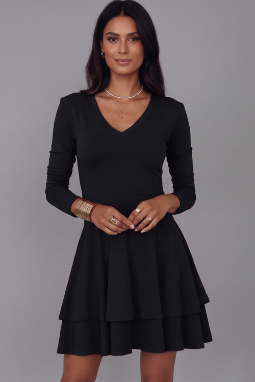 Ailey | Mini-robe à col en V pour femme – Manches longues, jupe évasée à volants