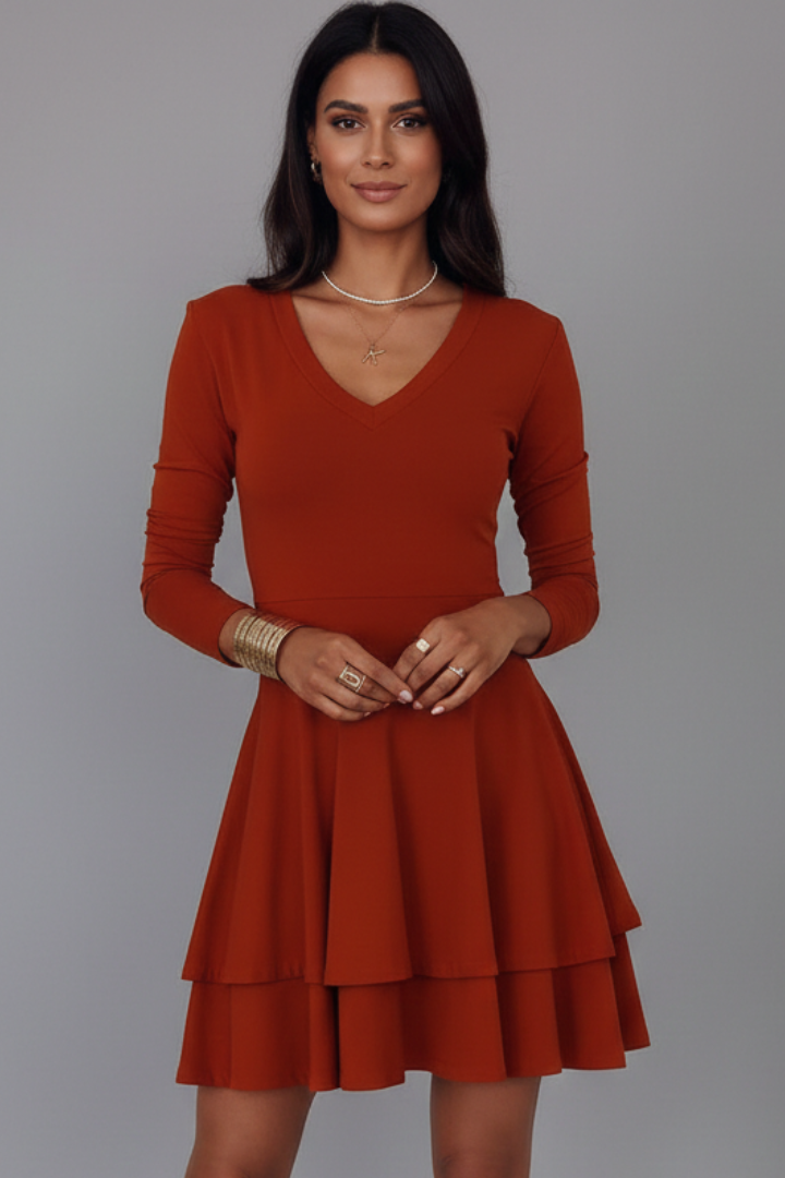 Ailey | Mini-robe à col en V pour femme – Manches longues, jupe évasée à volants