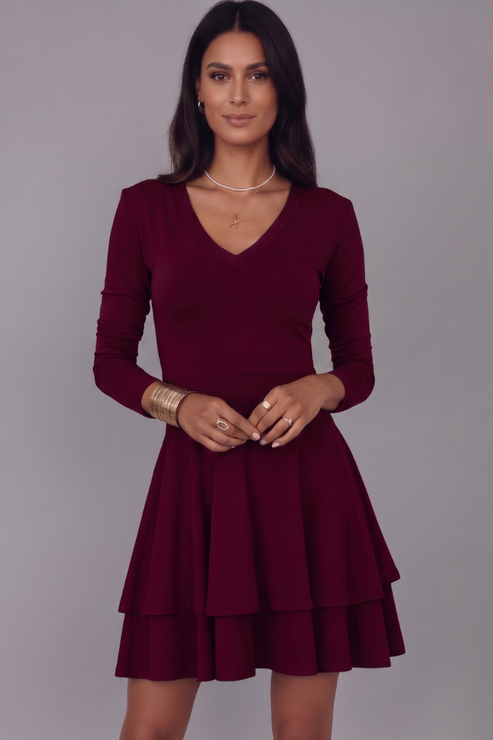 Ailey | Mini-robe à col en V pour femme – Manches longues, jupe évasée à volants