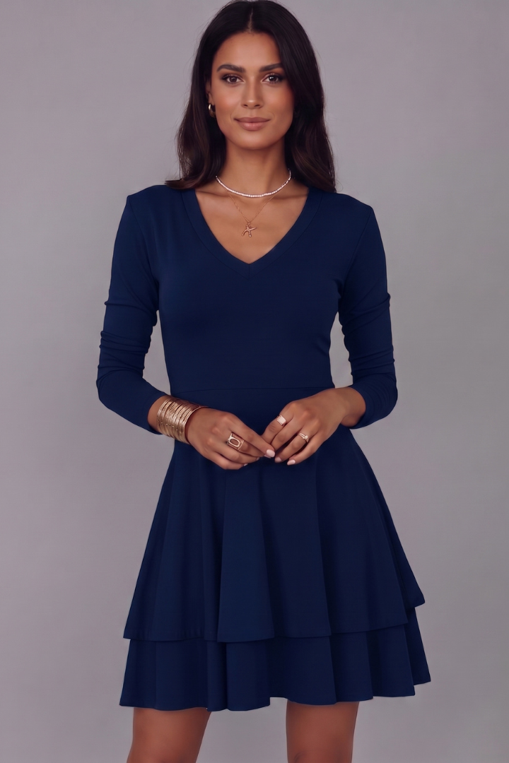 Ailey | Mini-robe à col en V pour femme – Manches longues, jupe évasée à volants