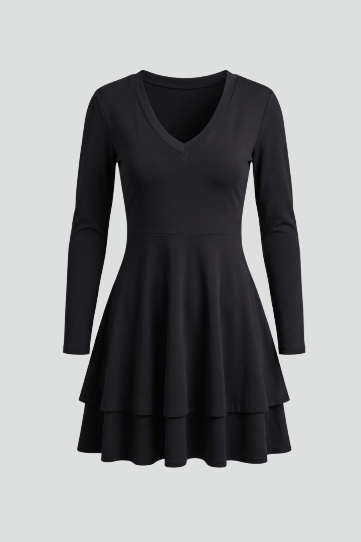 Ailey | Mini-robe à col en V pour femme – Manches longues, jupe évasée à volants