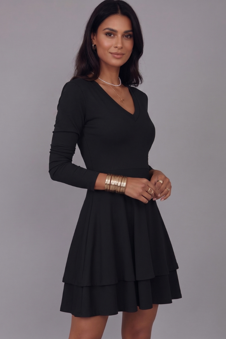 Ailey | Mini-robe à col en V pour femme – Manches longues, jupe évasée à volants