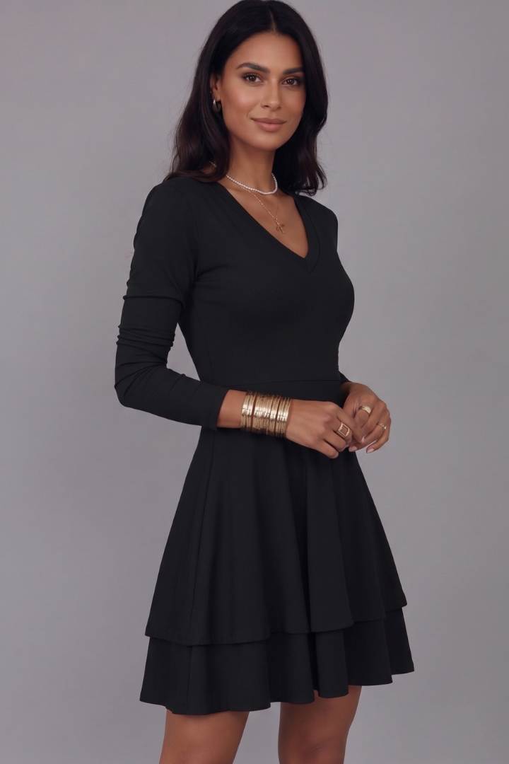 Ailey | Mini-robe à col en V pour femme – Manches longues, jupe évasée à volants