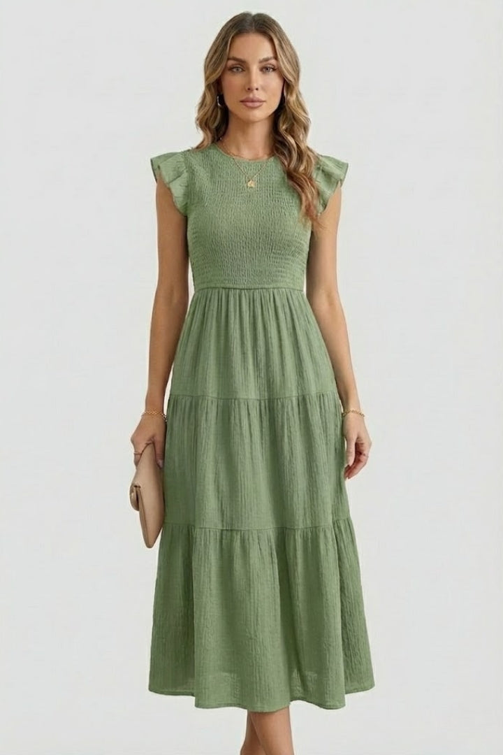Elowyn | Robe longue bohème pour femme – Robe mi-longue évasée froncée à manches flottantes