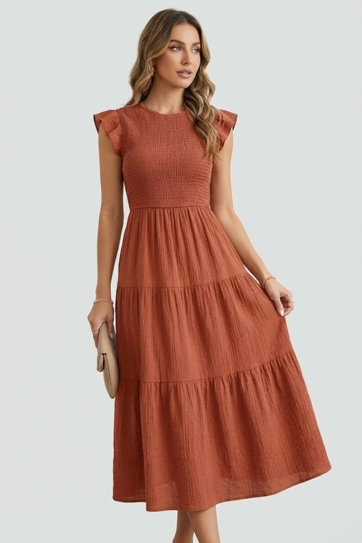 Elowyn | Robe longue bohème pour femme – Robe mi-longue évasée froncée à manches flottantes