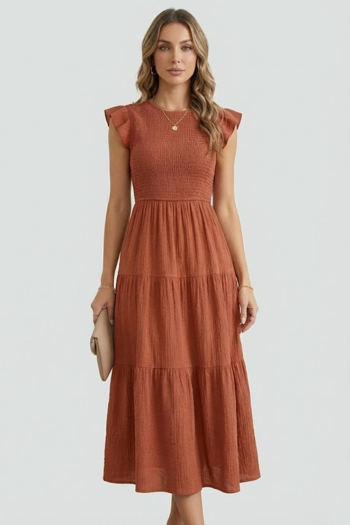 Elowyn | Robe longue bohème pour femme – Robe mi-longue évasée froncée à manches flottantes