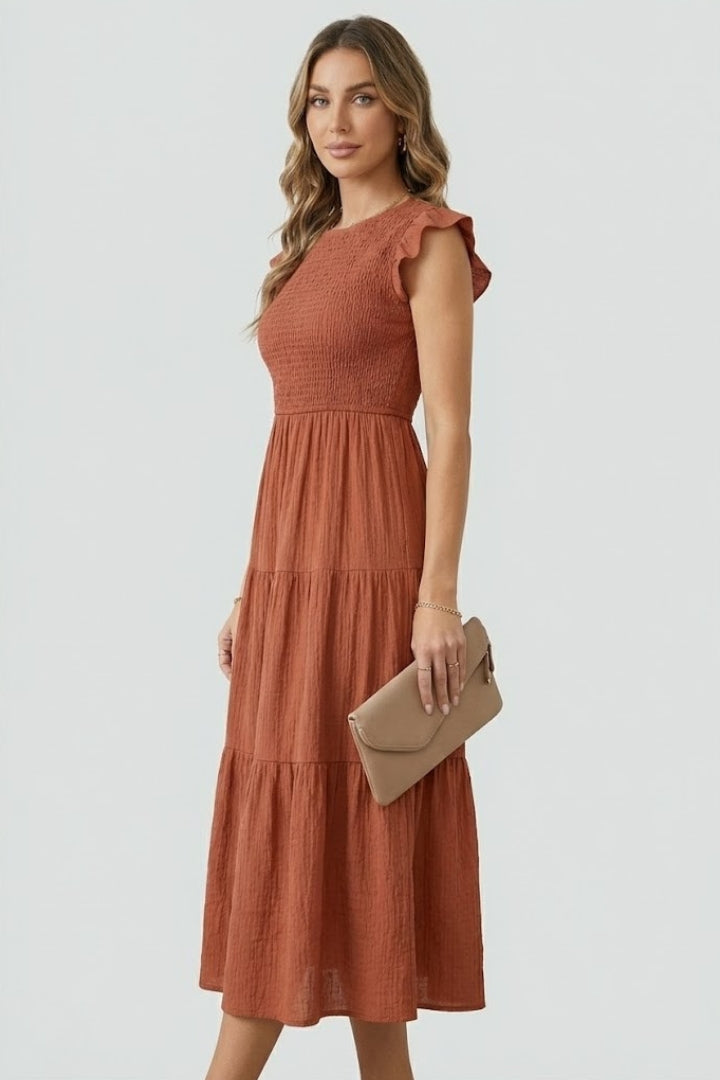 Elowyn | Robe longue bohème pour femme – Robe mi-longue évasée froncée à manches flottantes