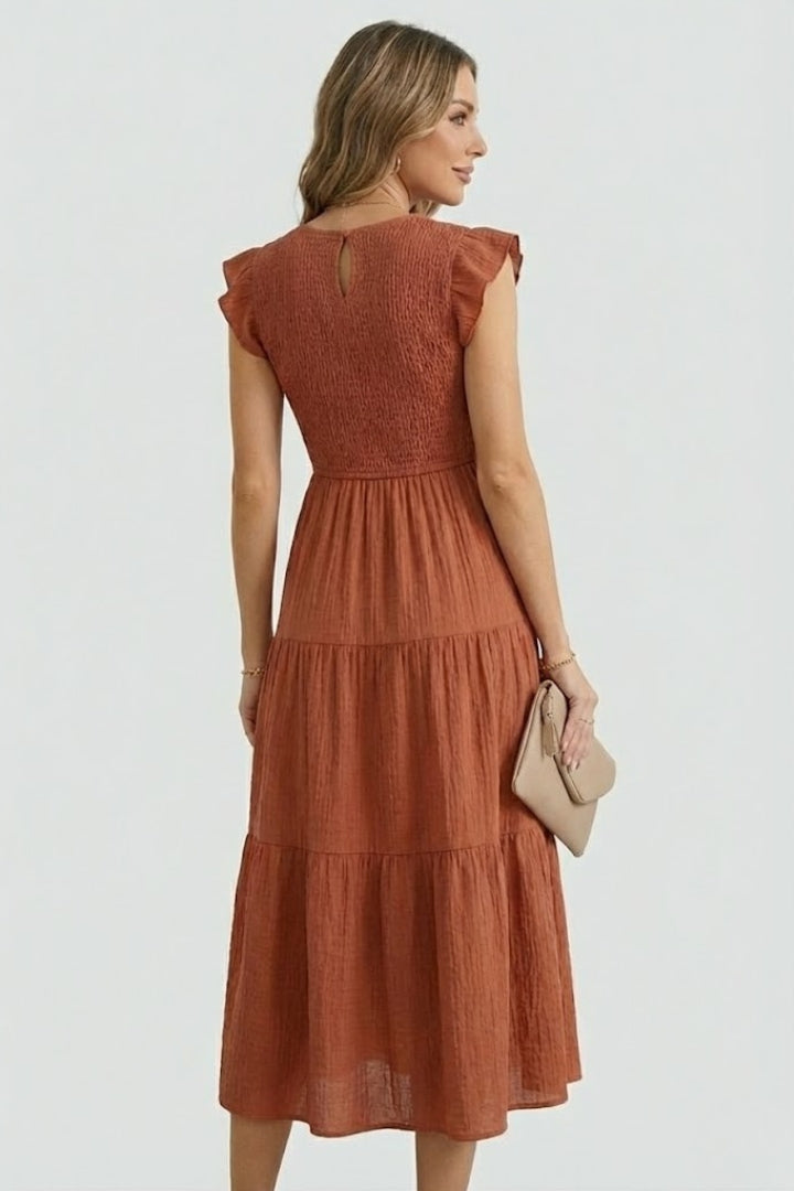 Elowyn | Robe longue bohème pour femme – Robe mi-longue évasée froncée à manches flottantes