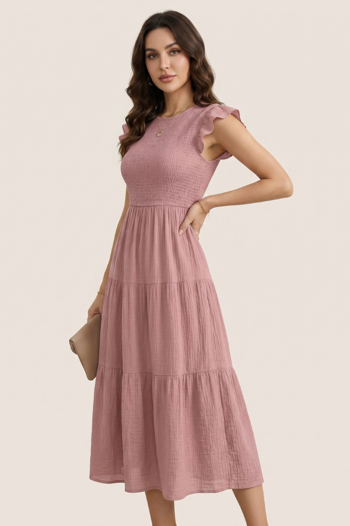 Elowyn | Robe longue bohème pour femme – Robe mi-longue évasée froncée à manches flottantes